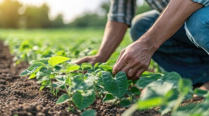 Fototapeta premium Agronomist examines soybean crop in agricultural field - farming concept - farmer in soybean plantation.