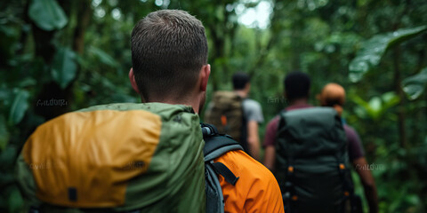 Hikers with Backpacks in a Tropical Forest