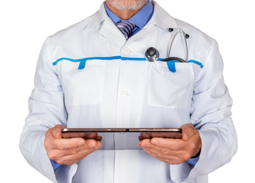 Medical professional interacts with digital device while pointing, isolated on white background