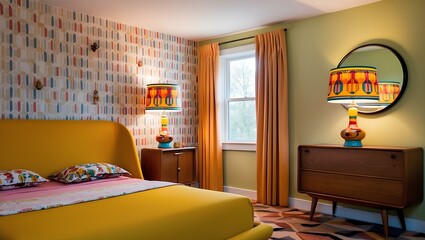 a retro-style bedroom with a vibrant color scheme dominated by yellow, orange, and blue. The room features a yellow bed with matching pillows, a patterned wallpaper with geometric and floral elements.