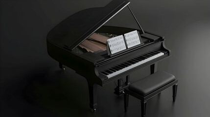 Elegant black grand piano with music sheets, on a dark stage, ready for a performance, ideal for musical websites