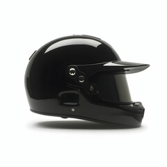 Fototapeta premium Glossy black motorcycle helmet, side view, white background, safety gear