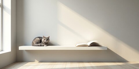Serene Minimalist Interior Featuring a Feline Companion and Open Book on a Simple Shelf