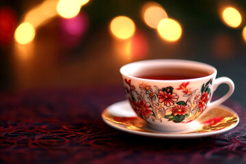 Obraz premium A beautifully designed tea cup with floral patterns and warm lights.