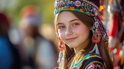 Fototapeta premium Girl in traditional festive attire from a regional celebration. Horizontal portrait.