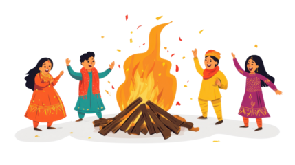 group of people around bonfire for lohri festival isolated on white background