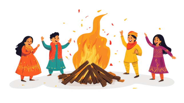 group of people around bonfire for lohri festival isolated on white background