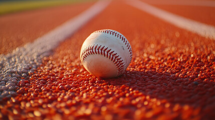 New baseball on red track, overhead view, clean and simple composition, symbolizing focus and precision.