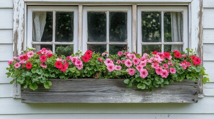 Obraz premium Rustic window box filled with vibrant pink and red flowers