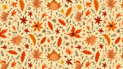 Forest Inspired Thanksgiving Pattern: Seamless Design with Pine Needles & Autumn Leaves in Golden Hues