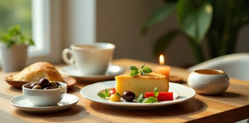 Peaceful morning sunlight illuminates a table setting featuring a slice of cake, olives, a pastry, and a cup of coffee.
