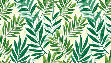 Fototapeta premium Vibrant Summer Jungle Leaves Seamless Pattern for Outdoor Decor - Bright Green Tropical Foliage Design with Empty Space for Customization in Photo Stock Concept
