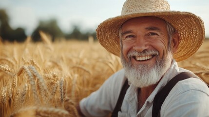 Fototapeta premium Portrait of a joyful farmer in a wheat field, expressing satisfaction with the harvest.