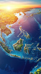 Fototapeta premium Southeast Asia Geographic Map, Sunrise View, Detailed Topography. Possible Use Educational, Presentation