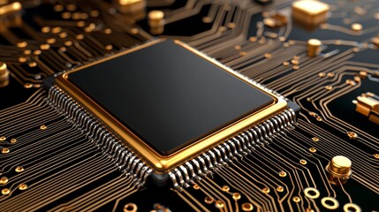 Close-Up View of a High-Tech Microchip on a Dark Circuit Board