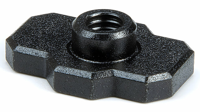 Black plastic T-nut, threaded fastener, close-up studio shot, white background, industrial hardware