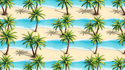 Tropical Island Seamless Tile Pattern: Palm Trees, Bright Sun & Sandy Beaches for Summer Vibes