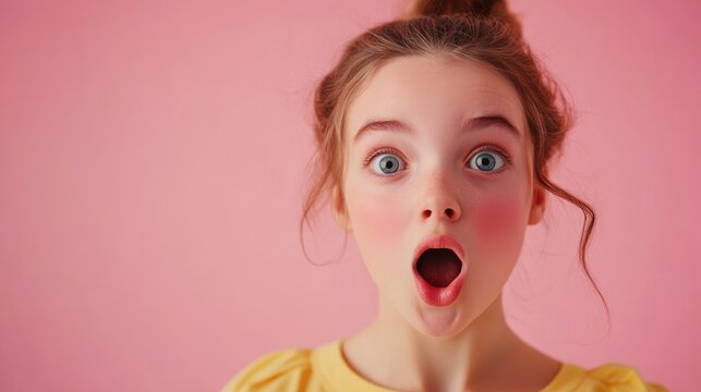 Surprised girl against a pink background. Space for text.