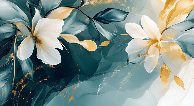 Fundo de arte abstrata, flores, folhas, tropical, dourado, cores claras, textura de tela abstrata padronizada. Arte moderna, tinta e &aacute;lcool para decora&ccedil;&atilde;o de parede, papel de parede, mural, carpete