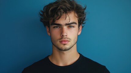 Young man with an expressionless gaze standing against a blue background.