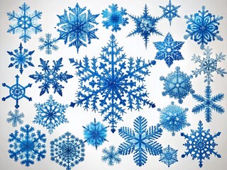 Fototapeta premium Silhouette of Intricate Blue Snowflake Patterns on White Background - Winter Design Elements