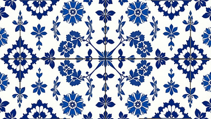 Turkish Iznik seamless tile pattern with vibrant blues and intricate floral designs for cultural decor concept as Vibrant blue Iznik floral designs arranged seamlessly for cultural Turkish inspired ho