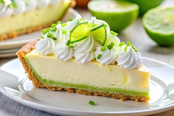 Creamy key lime filling, zesty zest, close-up macro shot captures the vibrant pie's texture and irresistible appeal.