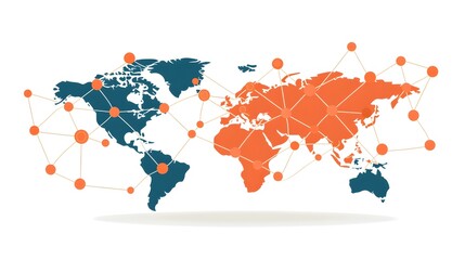 Fototapeta premium The image contains a stylized world map divided into two color-coded sections (teal and orange) connected by a network of lines and nodes, representing global interconnectedness.
