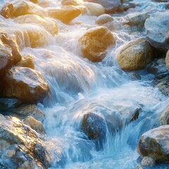 Tranquil sunlit stream flowing over smooth rocky terrain