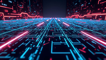 Fototapeta premium Create Futuristic Seamless Tile Patterns: Abstract Techno Lines with Bold Neon Accents and Crisp White Space for a Digital Flair in Simple Flat Vector Illustrations