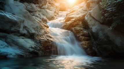 Tranquil waterfall cascading over rocks in serene forest setting