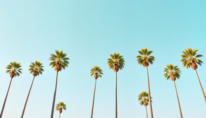 Symmetrical row of tall palm trees reaching towards a pastel blue sky, evoking tropical serenity