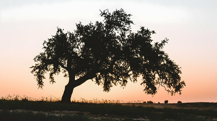 Obraz premium Silhouette of a lone tree at sunset in a field. Peaceful landscape ideal for meditation or nature themes