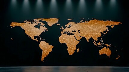 The image contains a stylized world map.  The continents are outlined in a copper or bronze color, with a network of interconnected lines forming a constellation-like pattern across the landmasses.