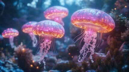 Vibrant glowing jellyfish in mysterious underwater ocean scene