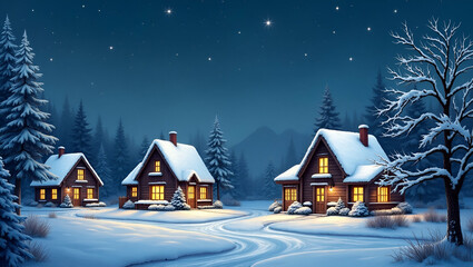 Fototapeta premium Cozy Holiday Winter Night Pattern Featuring Snow-Covered Cottages with Glowing Windows and Soft Snowflakes for a Festive Vibe - Perfect Photo Stock Concept with Empty Space on the Left