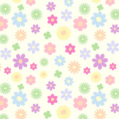 This vibrant floral pattern is filled with fun pastel shades including pink, blue, yellow and green. A variety of flowers including daisies and large blooms are evenly distributed across a light