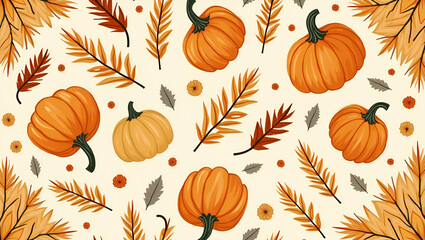 Seamless Autumn Warmth Tile Pattern Featuring Harvest Wheat and Pumpkins with Autumn Leaves for Traditional Fall Decor - Perfect for Stock Photos with Empty Space for Customization