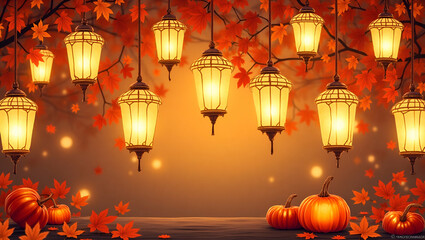 Obraz premium Cozy Autumn Lanterns and Warm Leaves: A Seamless Tile Pattern with Rich Textures and Colors for Fall Decor - Perfect for Photo Stock with Space for Customization