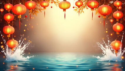 Colorful Water Splashes and Traditional Thai Lanterns Frame Vibrant Copy Space for Songkran Messages - Perfect Photo Stock Concept with Empty Space on the Left Side for Creative Use