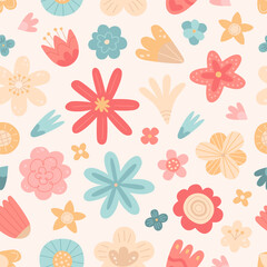 Cute pattern with cartoon flowers. Hand-drawn seamless texture with flowers on beige background. Children illustration in flat style. Vector pattern for textile or wrapping paper