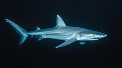 Fototapeta premium A rare albino shark gliding through deep, dark blue waters
