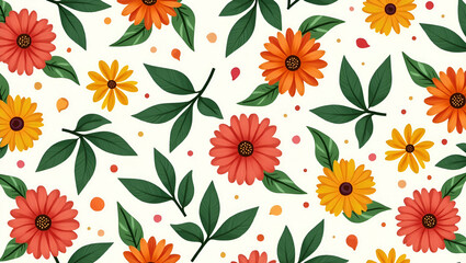 Vibrant Summer Flower Pattern with Green Leaves & Colorful Petals for Energizing Garden Design