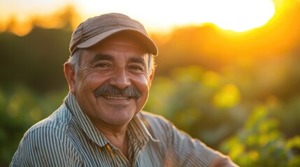 Cheerful Latin American farmer wearing a cap, smiling at the camera during sunset. Portrait of a successful senior farmer with a mustache.