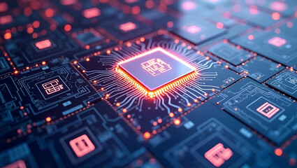 Fototapeta premium Merge Microchip Outlines with Tech Icons in Layered Tile Patterns for Software Branding Visuals