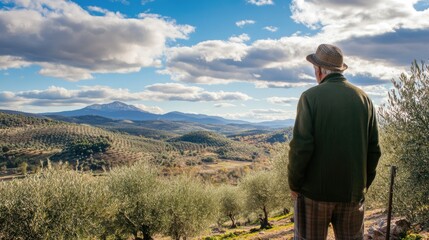 Elderly Spanish farmer inspecting olives from his olive trees in a picturesque landscape.