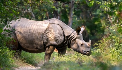 Obraz premium Illustration of an Indian rhinoceros with a single horn walking along the taiga edge. Massive, armored herbivore in natural habitat, surrounded by sparse trees and soft wilderness light.