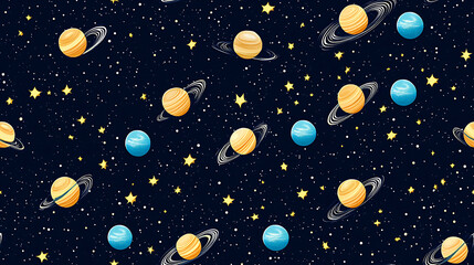 Colorful seamless pattern featuring planets, stars, and space elements