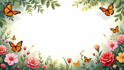Fototapeta premium Vibrant Butterflies and Blooming Gardens Frame: Nature-Inspired Space for Mother's Day Messages