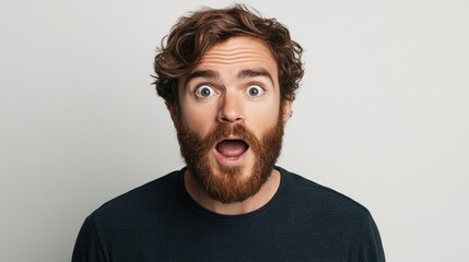 Obraz premium Handsome Caucasian man with a beard displaying a surprised facial expression against a plain white background.